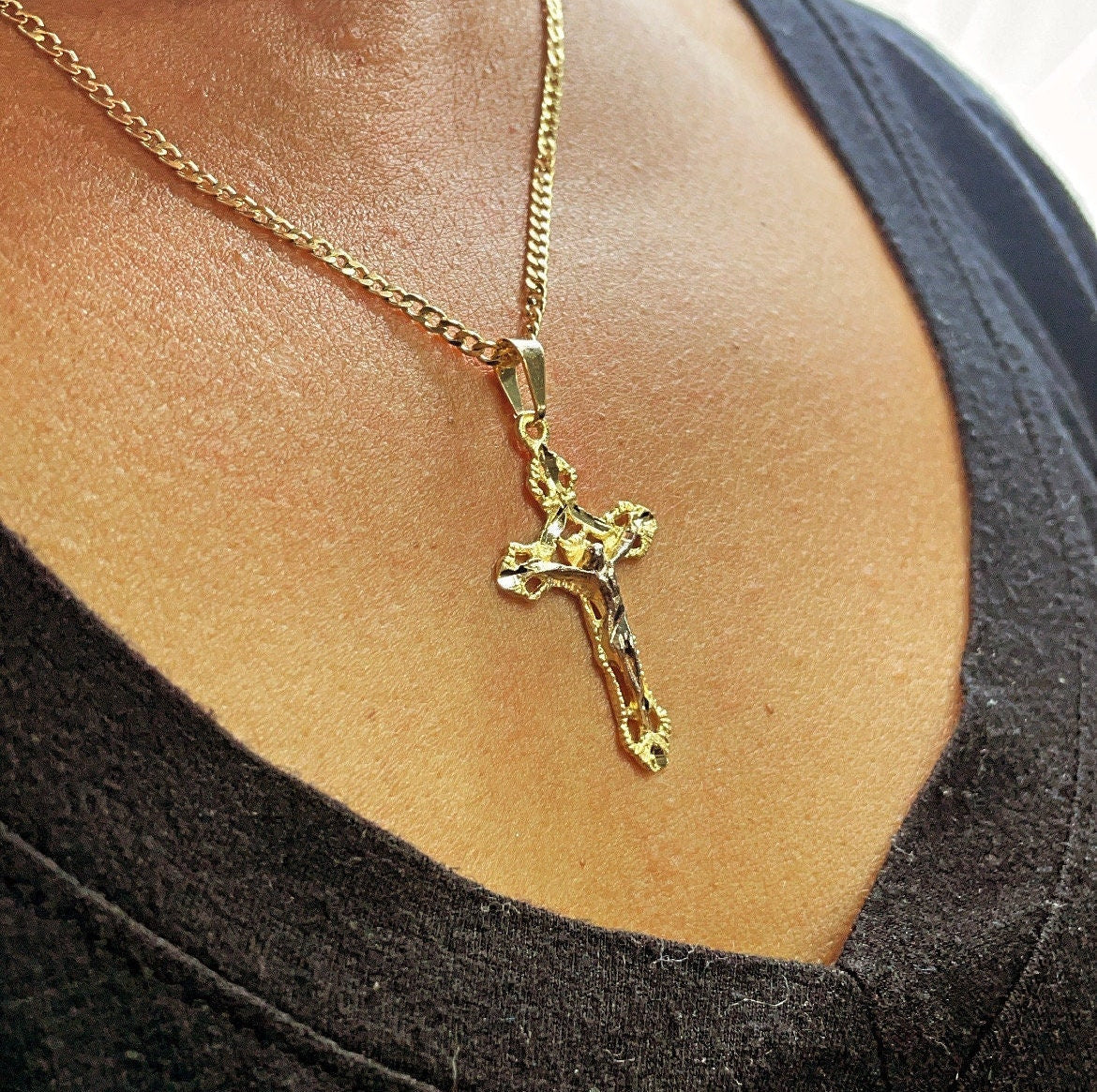 18k Gold Filled Textured Crucifix Cross Featuring Image Of Jesus Christ in