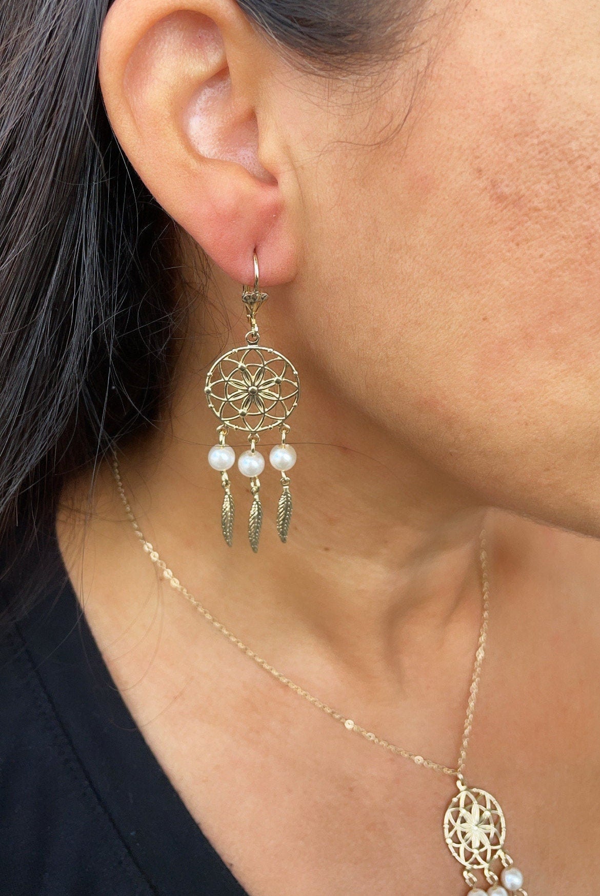 18k Gold Filled Dream Catcher Jewelry Set With Earrings And Necklace Featuring Pearls Details