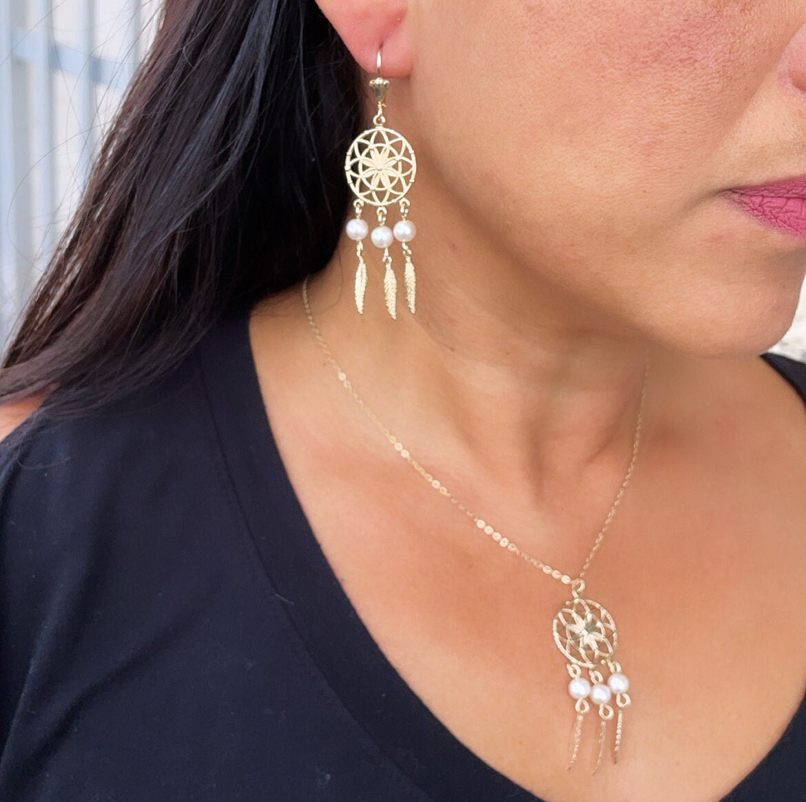 18k Gold Filled Dream Catcher Jewelry Set With Earrings And Necklace Featuring Pearls Details