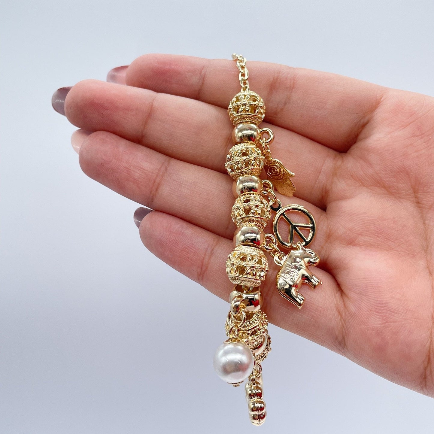 18k Gold Filled Lucky Charms Featuring Hamsa Clover Elephant Chili Pearl Peace Sign