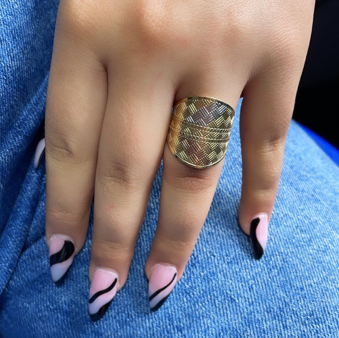 Large 18k Gold Filled Geometric Patterned Tri-Color Ring Wholesale Jewelry