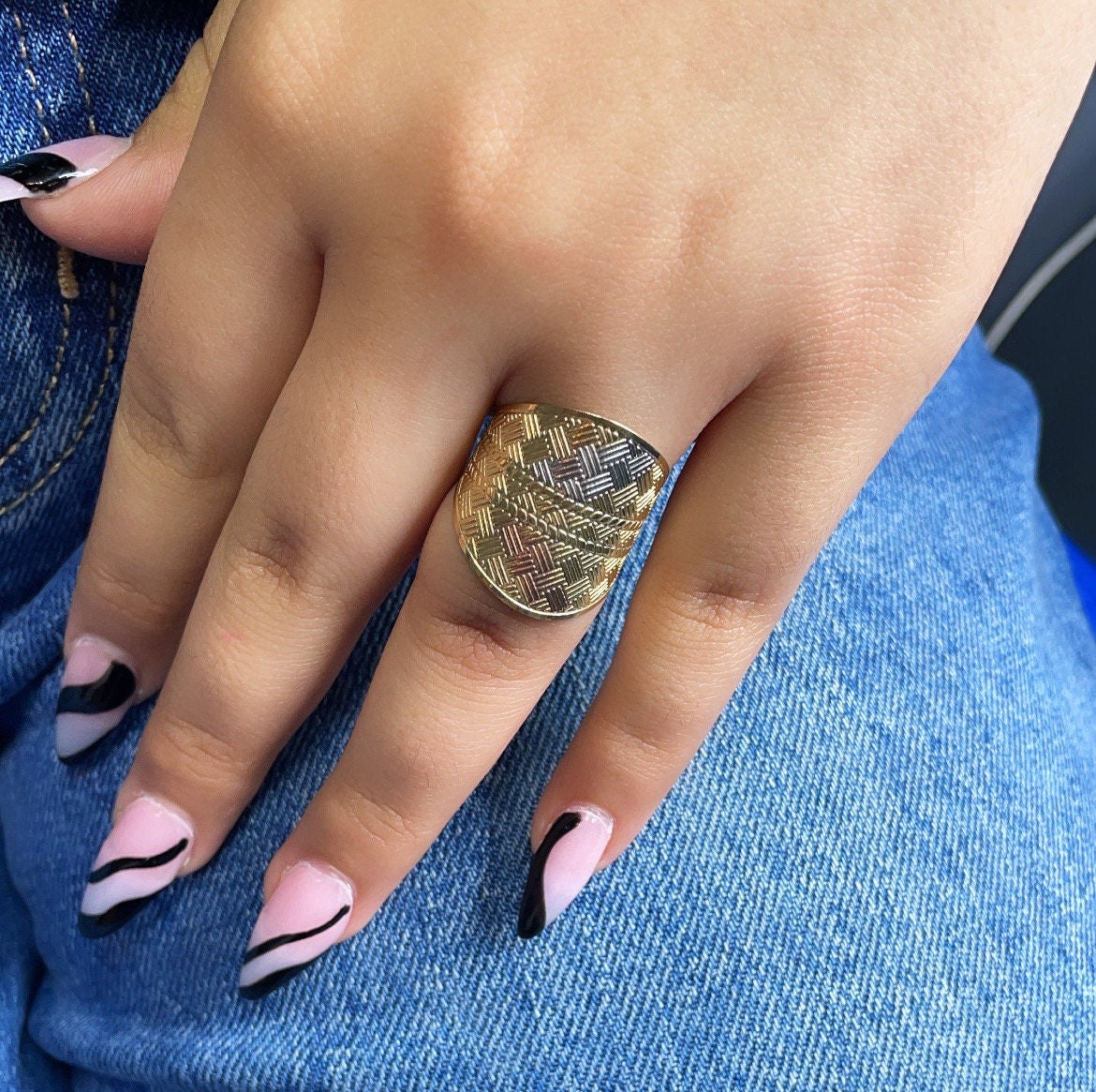 Large 18k Gold Filled Geometric Patterned Tri-Color Ring Wholesale Jewelry