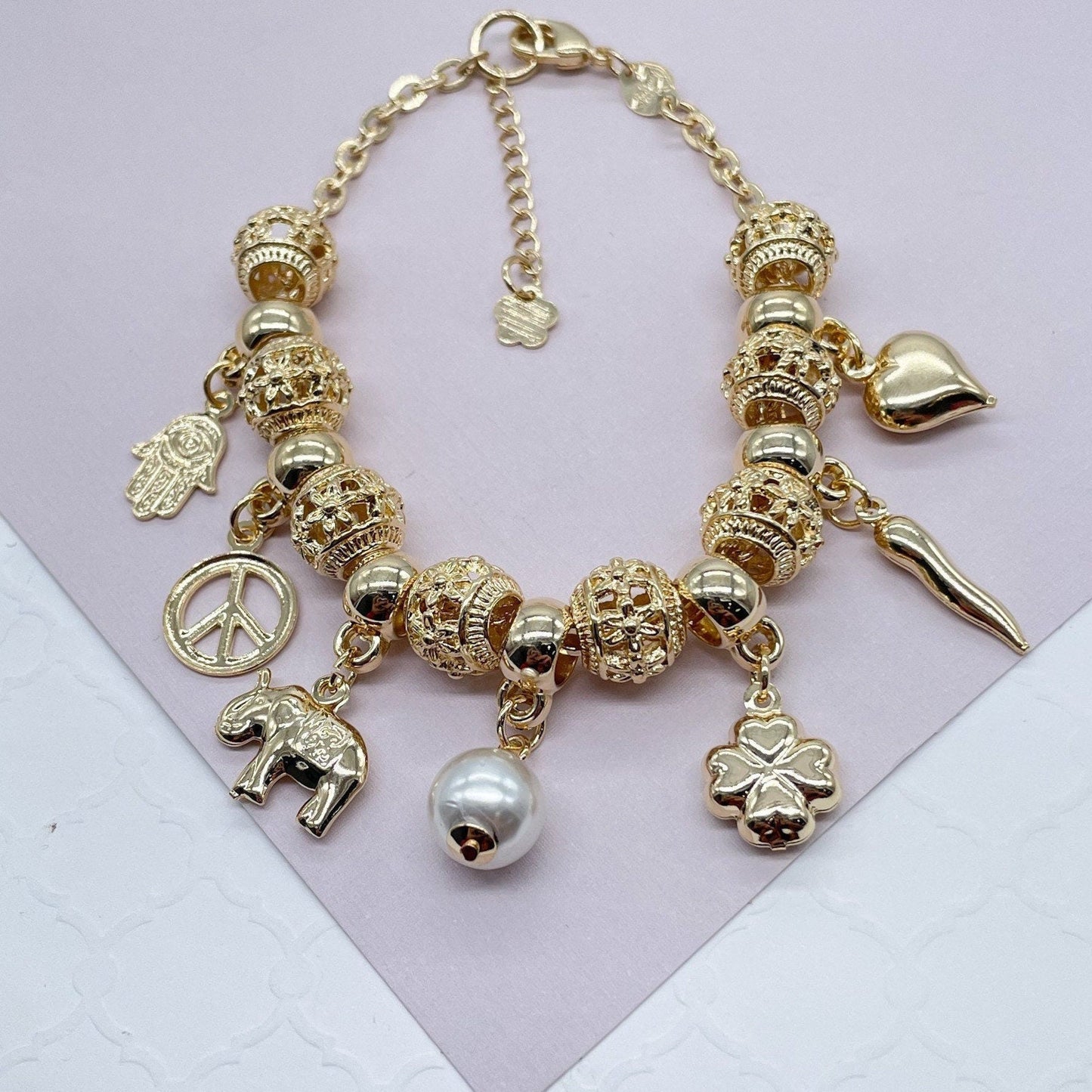 18k Gold Filled Lucky Charms Featuring Hamsa Clover Elephant Chili Pearl Peace Sign