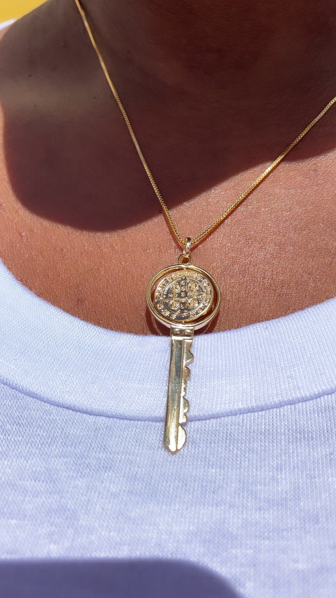 Swivel Double Sided 18k Gold Filled San Benito Engraved Key Pendant