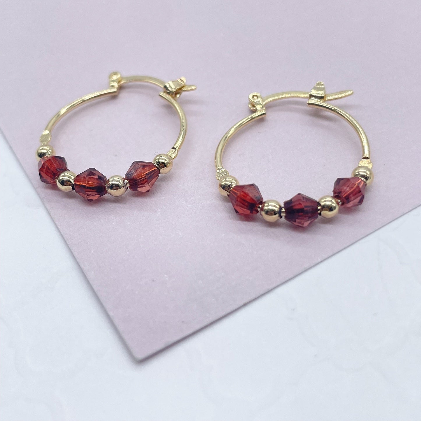 18k Gold Filled Thin Hoop Earrings With Diamond Shape Maroon Acrylic And Mini Gold Beads