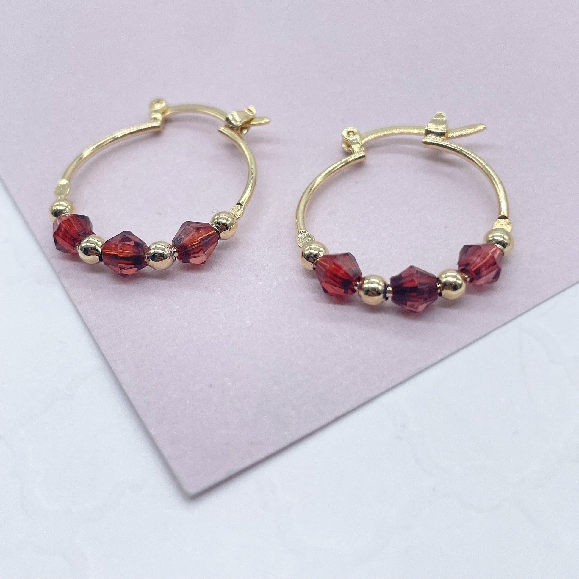 18k Gold Filled Thin Hoop Earrings With Diamond Shape Maroon Acrylic And Mini Gold Beads