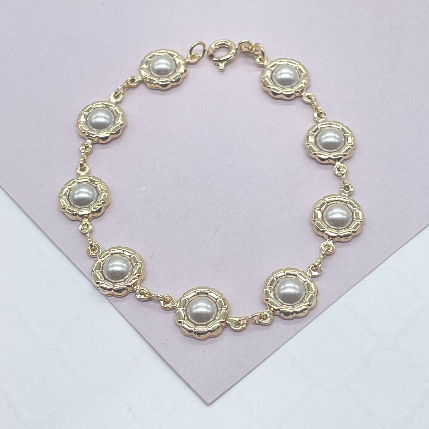 18k Gold Filled Bracelet With Embedded Simulated Pearls Wholesale Jewelry