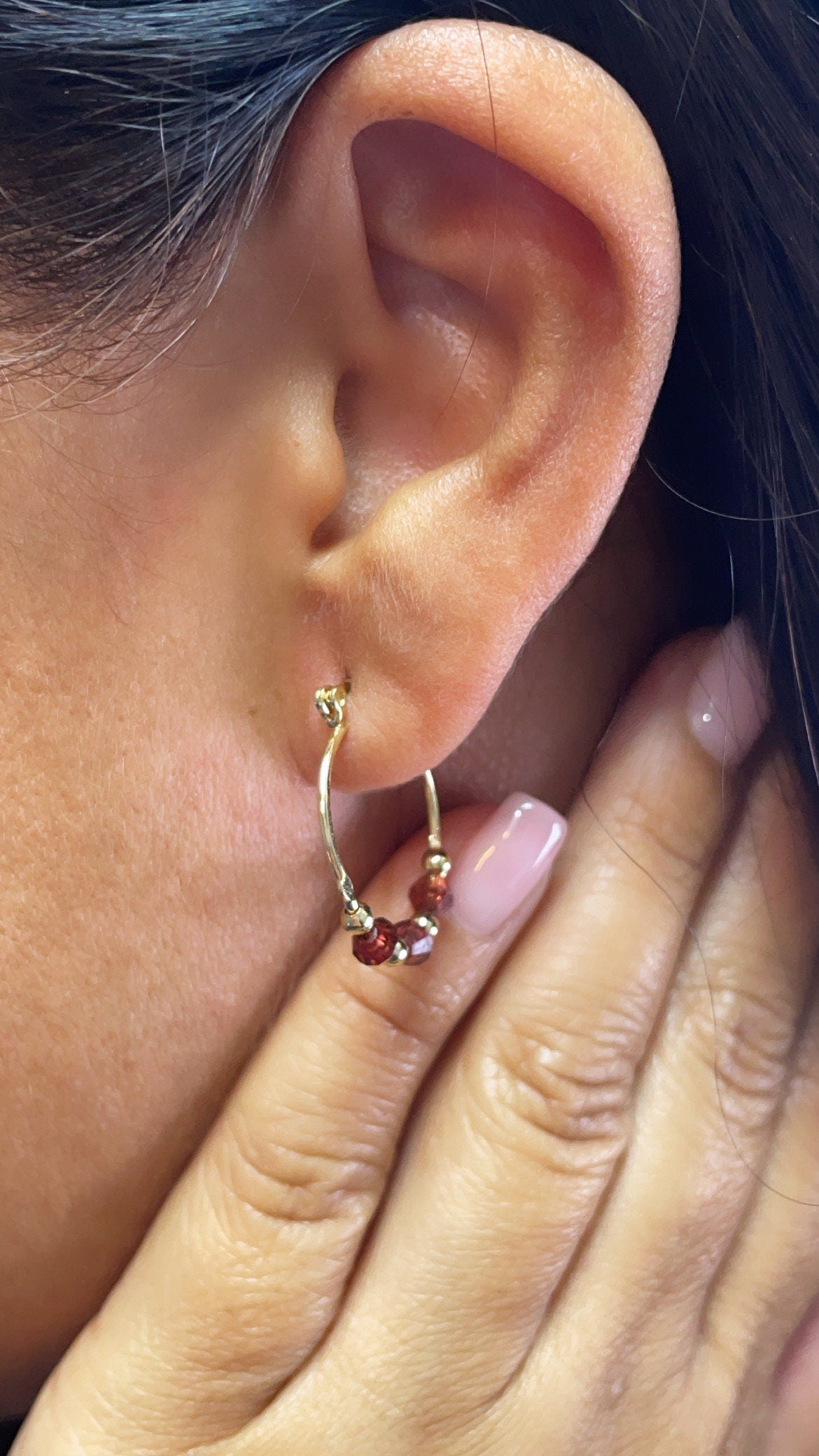 18k Gold Filled Thin Hoop Earrings With Diamond Shape Maroon Acrylic And Mini Gold Beads