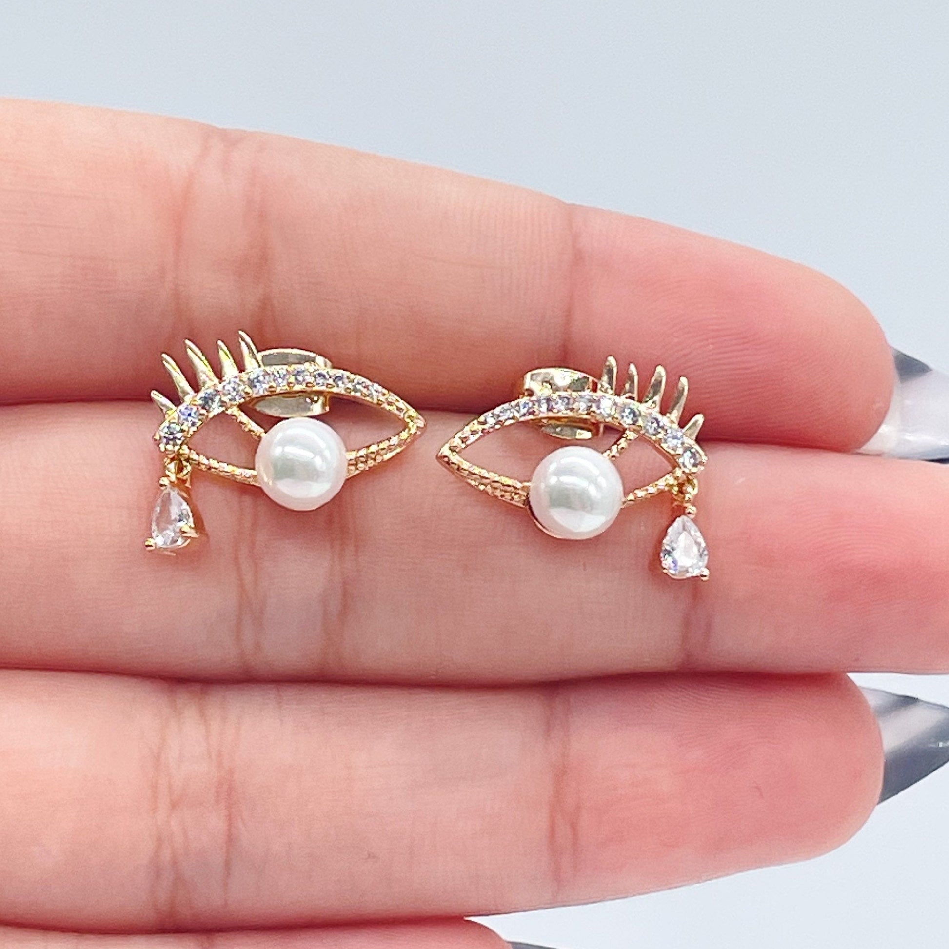 18k Gold Filled Evil Eye Earring With Pearl Ball Eye And Teardrop Cubic Zirconia Stone