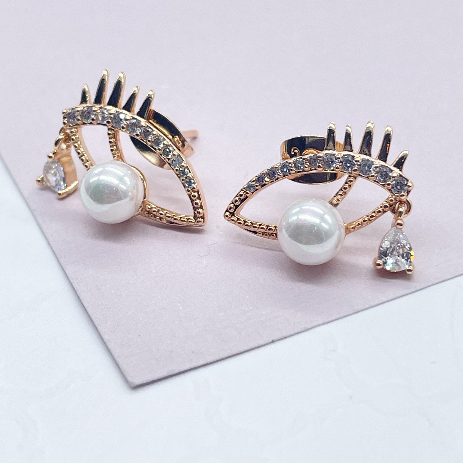 18k Gold Filled Evil Eye Earring With Pearl Ball Eye And Teardrop Cubic Zirconia Stone