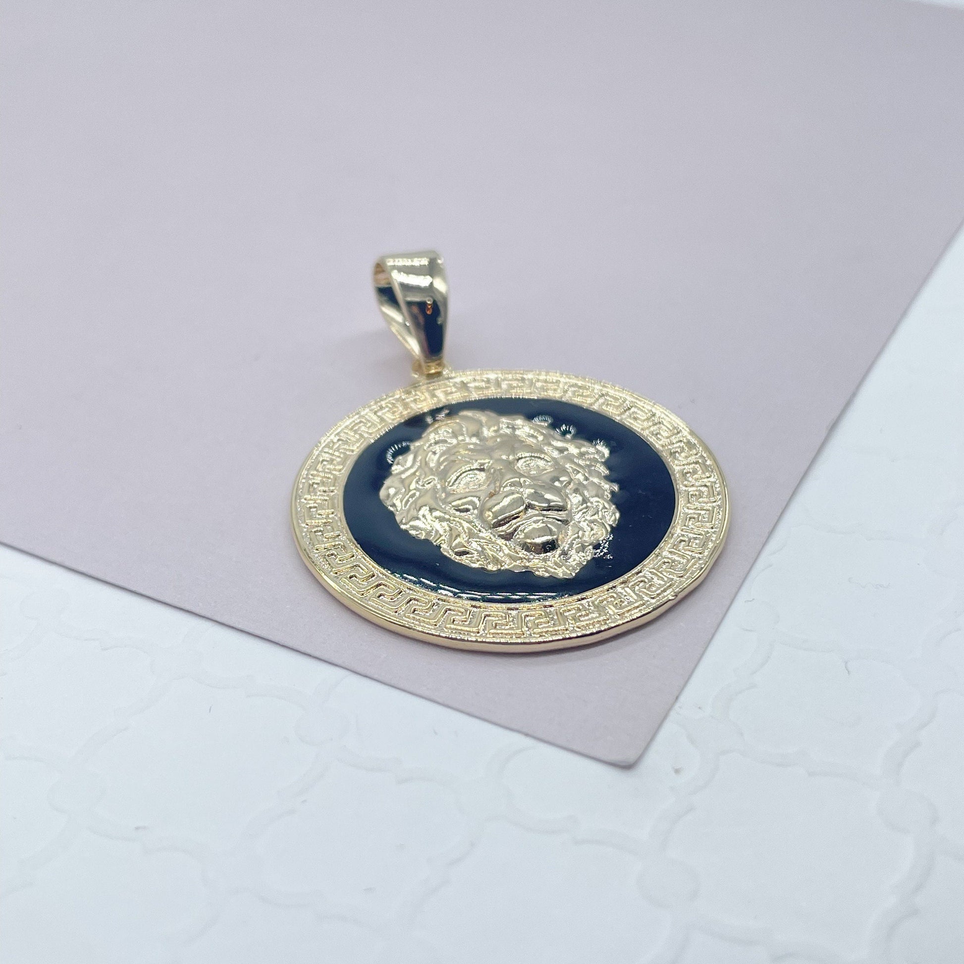 18k Gold Filled Greek Pattern Engraved Circle Pendant Featuring Lions Head and Black Enamel Plate