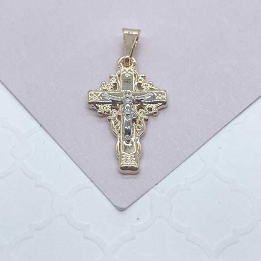 18k Gold Filled Crucifix Cross Featuring Silver Jesus Engraved Pendant