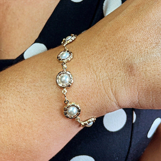 18k Gold Filled Bracelet With Embedded Simulated Pearls Wholesale Jewelry