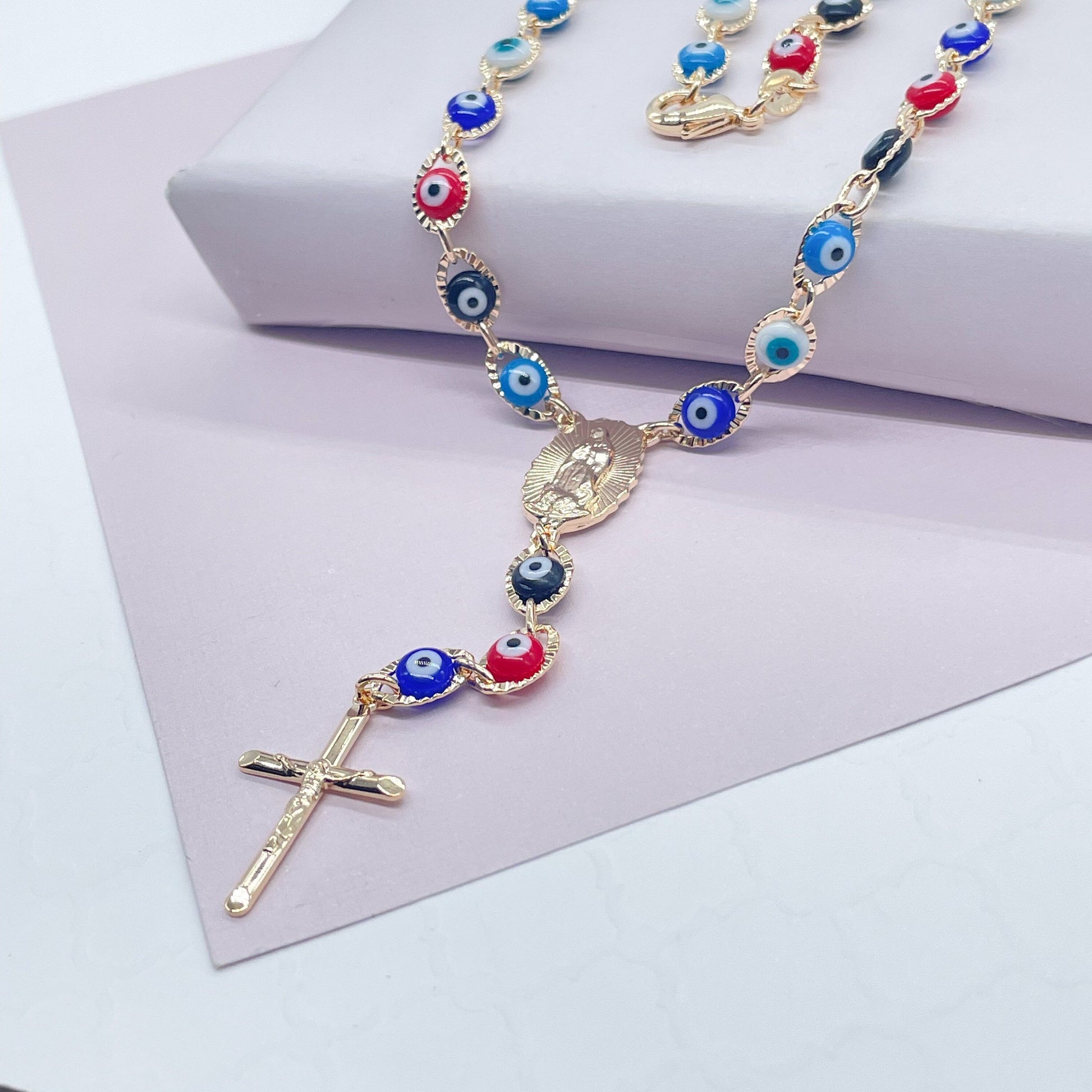18k Gold Filled 24” long Colorful Evil Eye Rosary Style Necklace Featuring Our