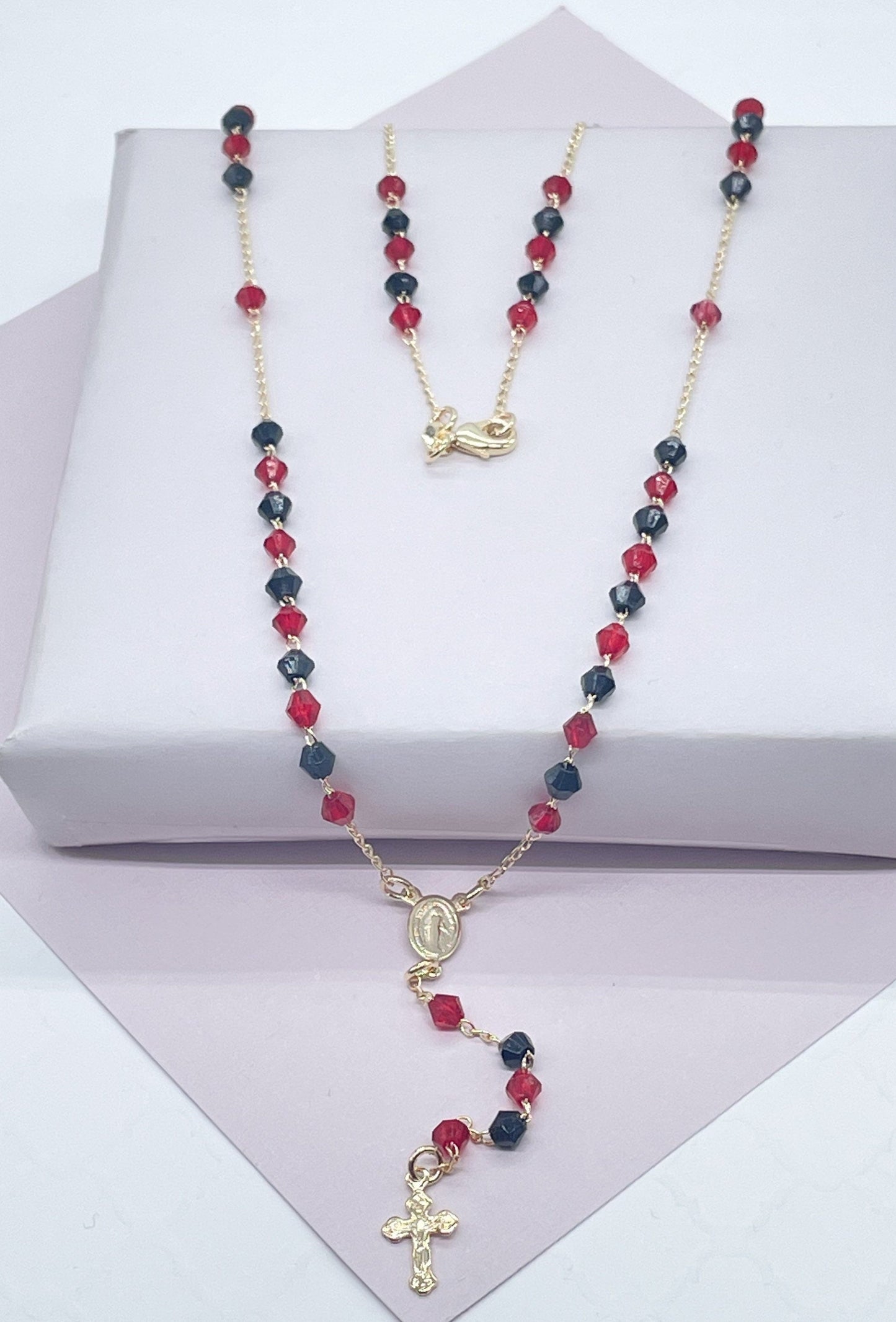 18k Gold Filled 20” long Black and Red Beaded Rosary Style Necklace