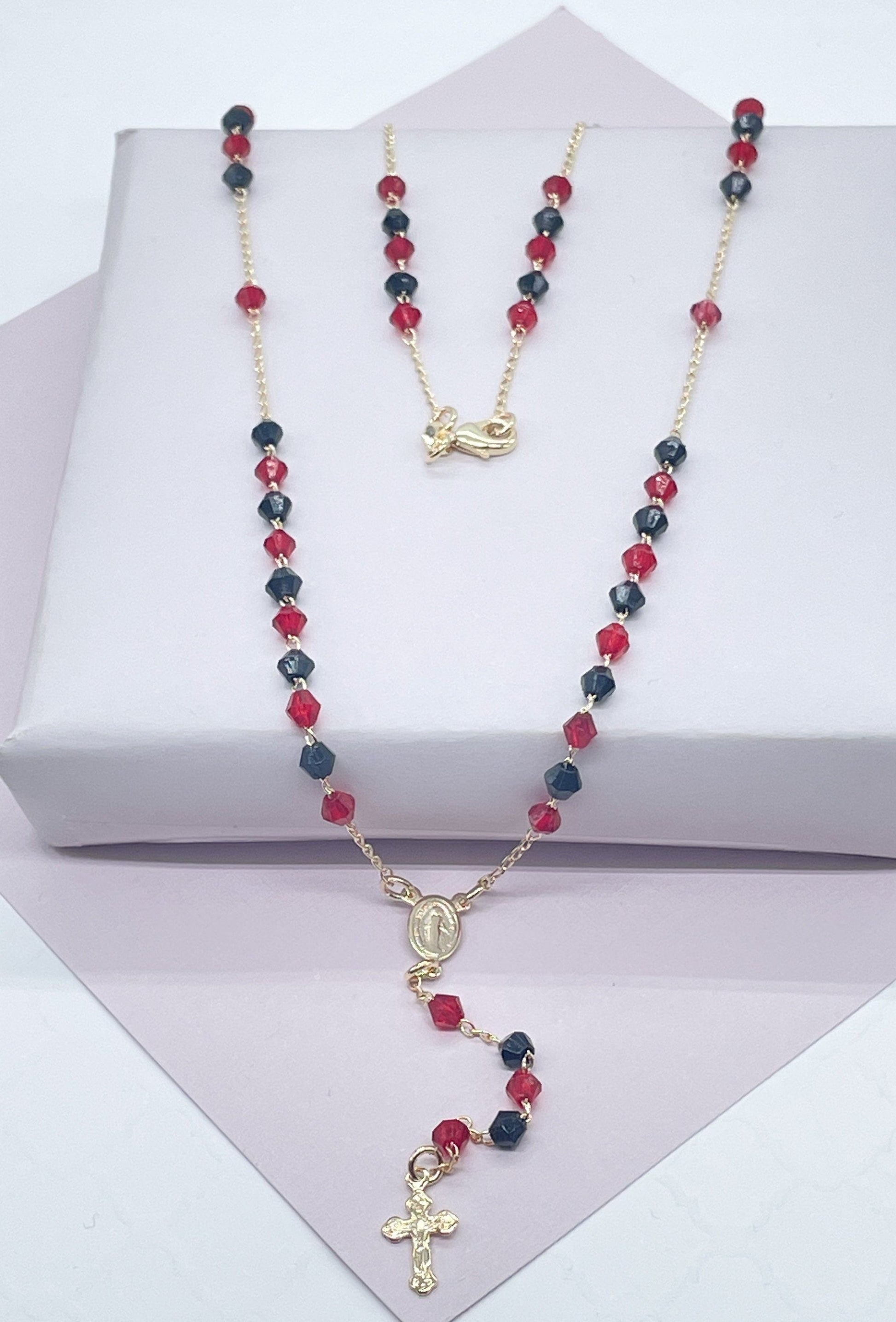 18k Gold Filled 20” long Black and Red Beaded Rosary Style Necklace