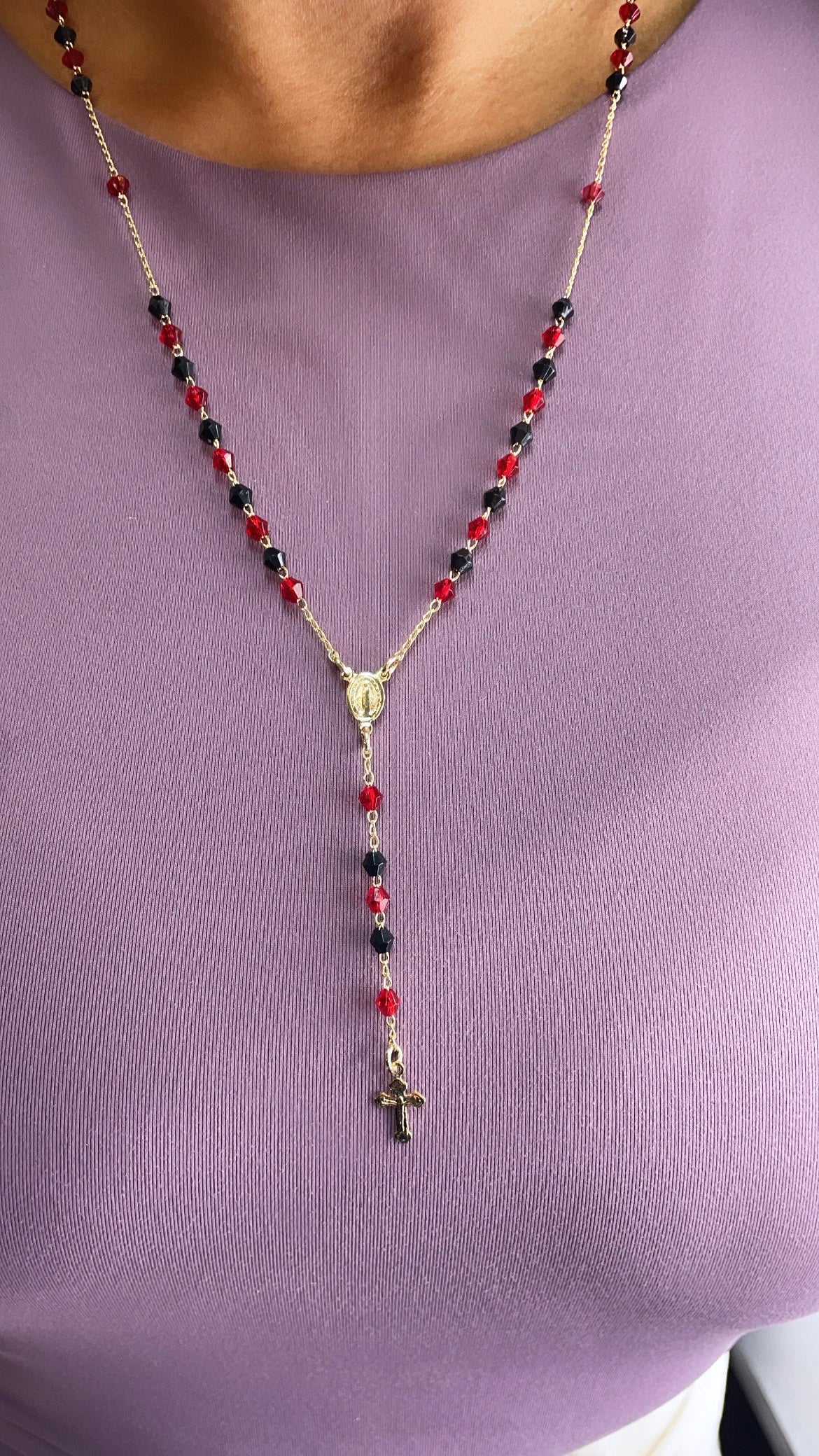 18k Gold Filled 20” long Black and Red Beaded Rosary Style Necklace