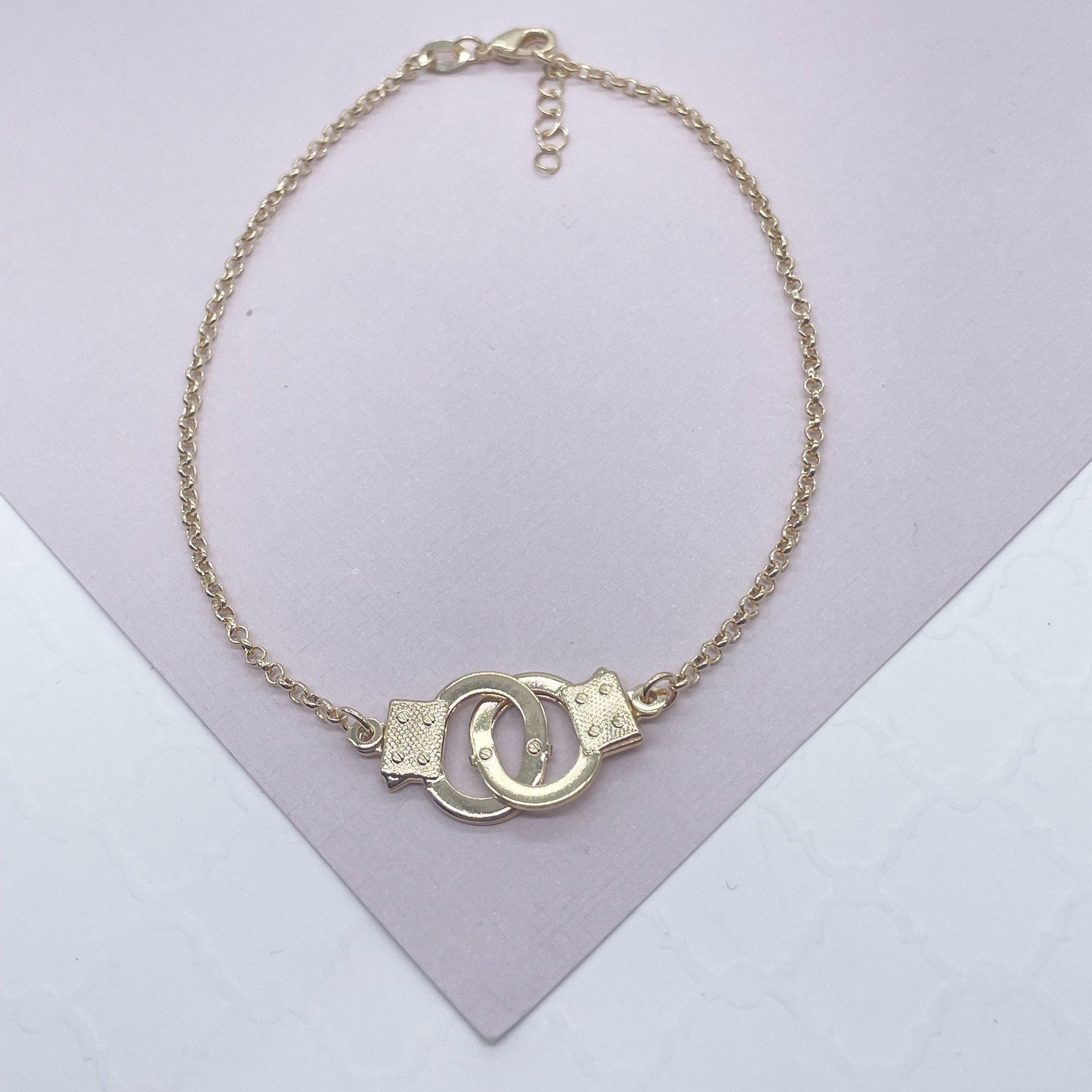18k Gold Filled Handcuff Charm Anklet On Rolo Chain