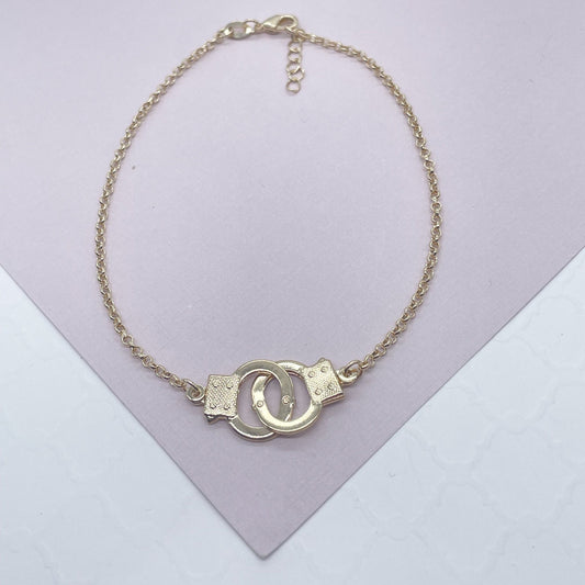 18k Gold Filled Handcuff Charm Anklet On Rolo Chain