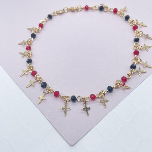 18k Gold Filled Red and Black Bead Charm Anklet Bracelet Featuring 17 Tiny Crosses