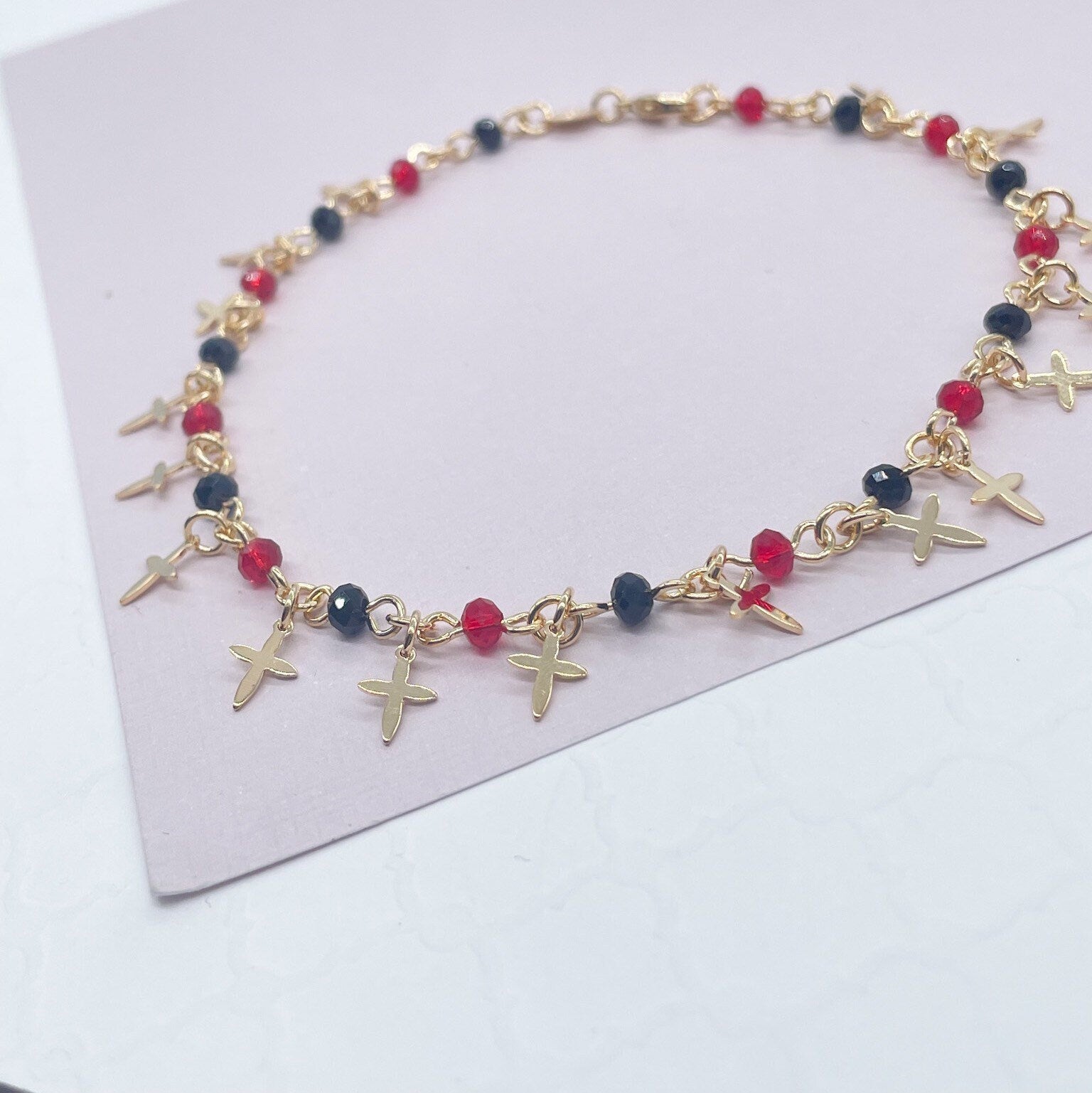 18k Gold Filled Red and Black Bead Charm Anklet Bracelet Featuring 17 Tiny Crosses