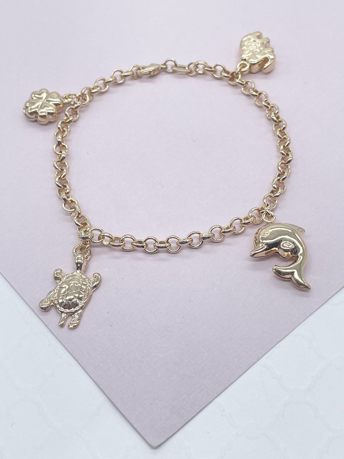 18k Gold Filled Lucky Charm Bracelet, Dolphin, Turtle, Elephant & Clover