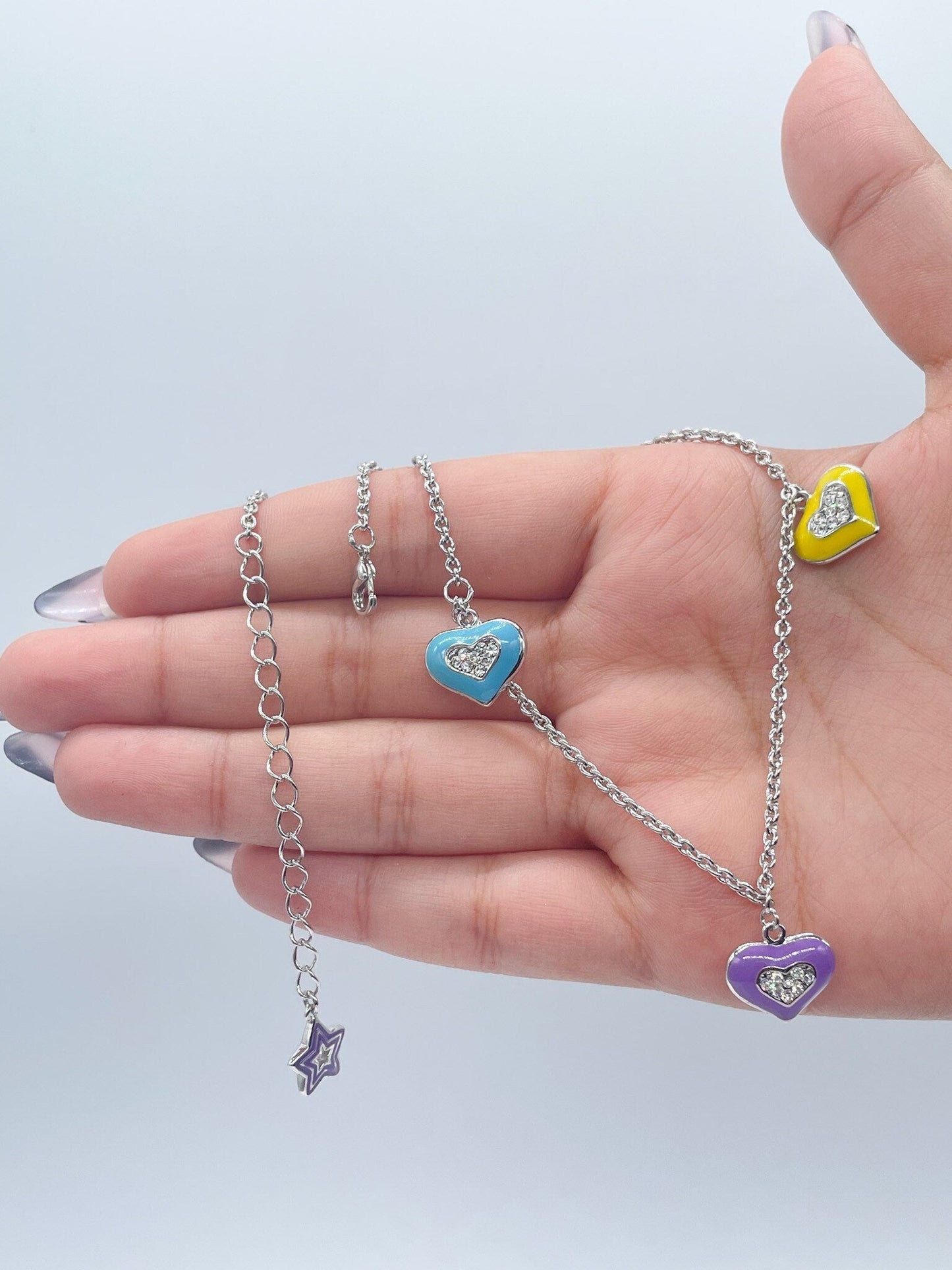 Silver Filled Necklace with Colorful Enamel Heart Charms