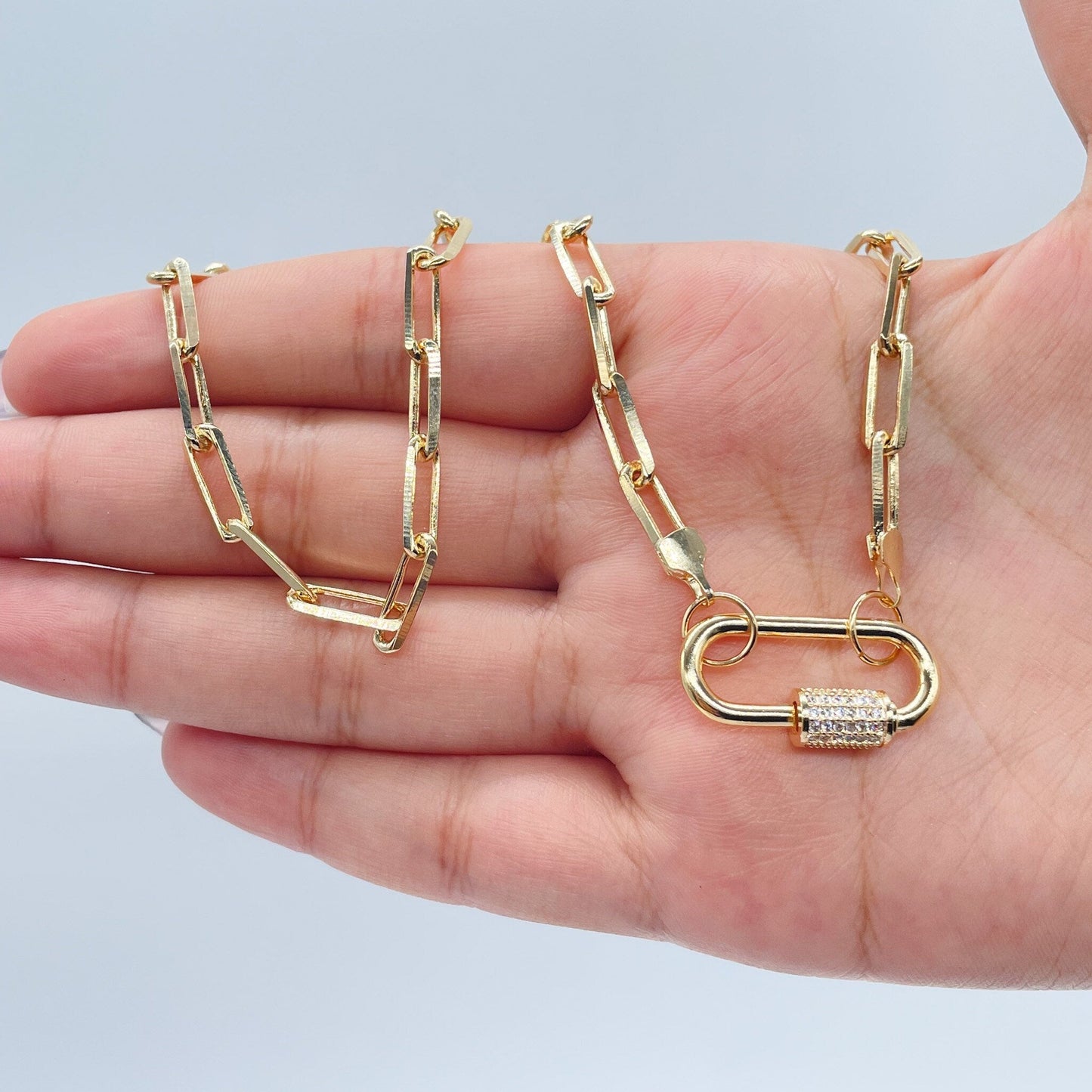 18k Gold Filled Paperclip Choker with Zirconia Carabiner Front Lock