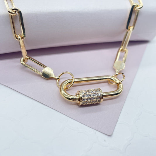 18k Gold Filled Paperclip Choker with Zirconia Carabiner Front Lock