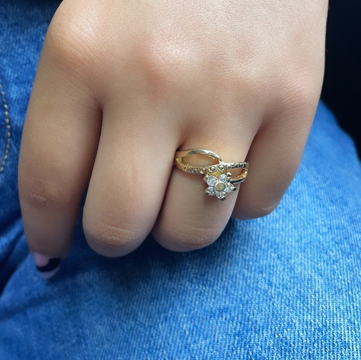 18k Gold Filled Ring With Accented Gold And Cubic Zirconia Stone Flower