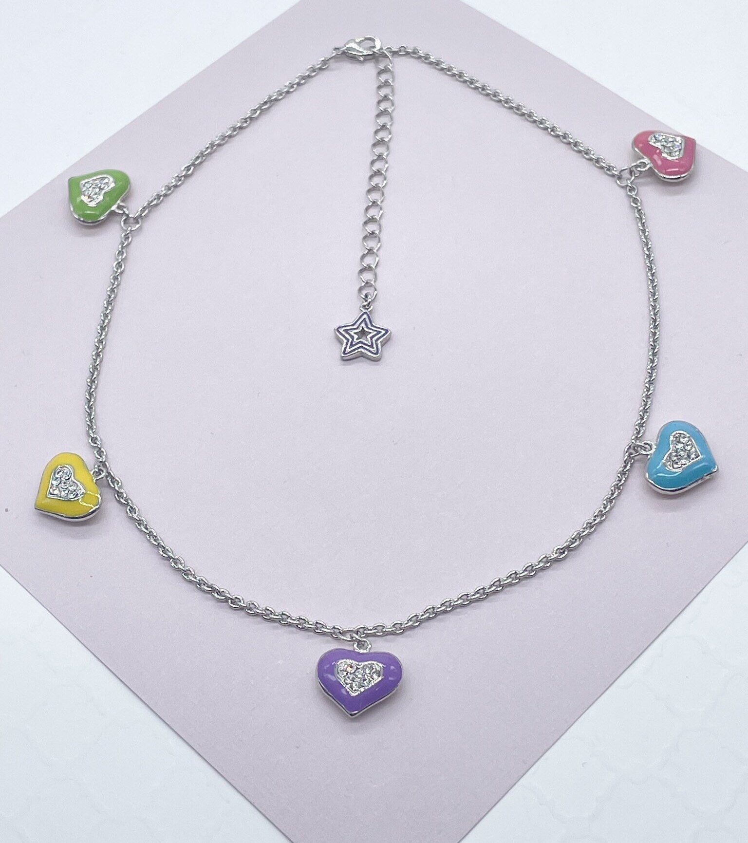 Silver Filled Necklace with Colorful Enamel Heart Charms