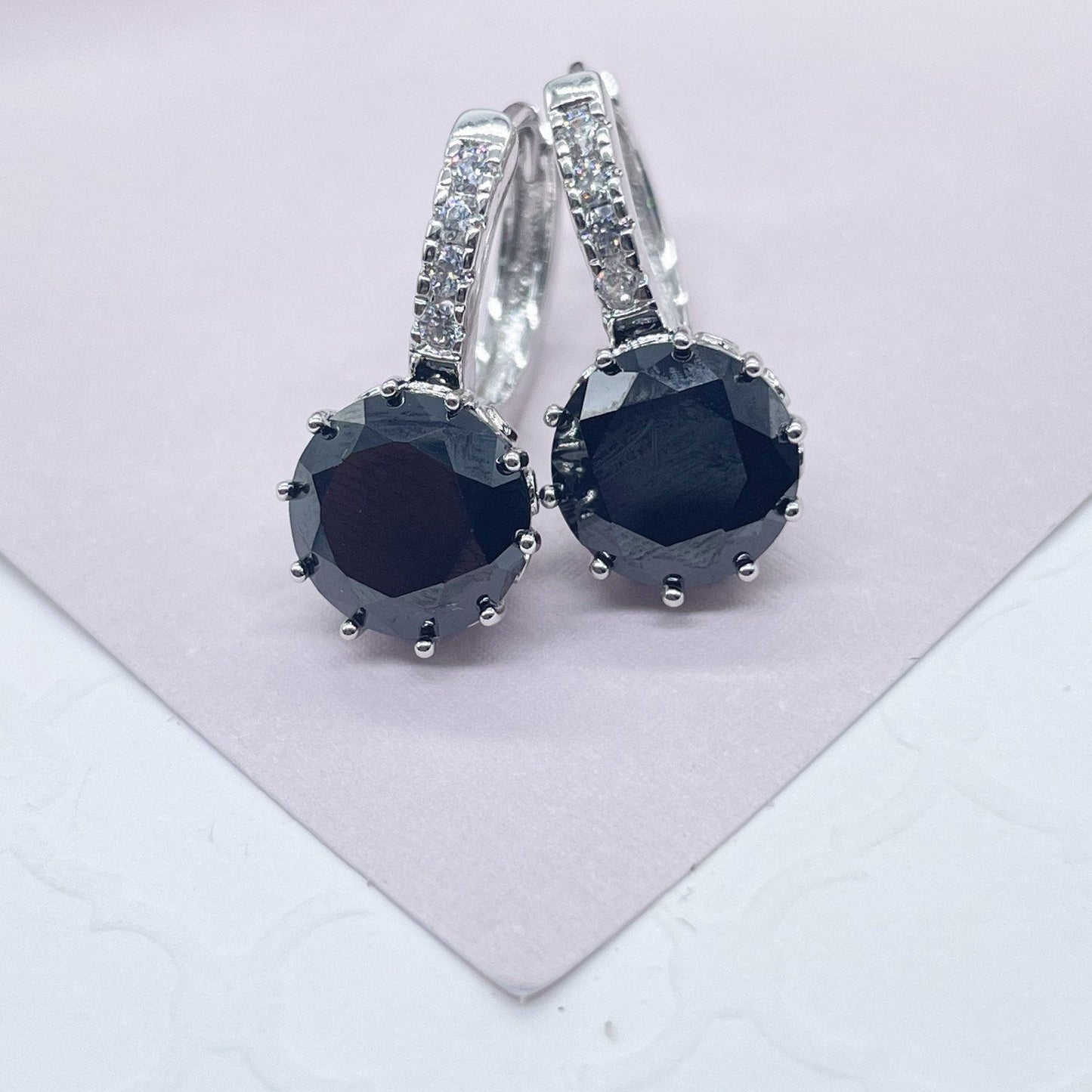 Elegant 18k Silver Filled 9mm Colorful Zirconia Lever Back Earrings Featuring Clear CZ Details