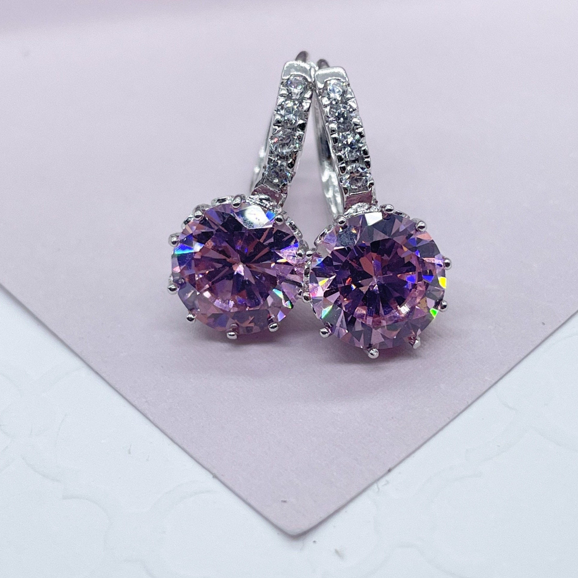 Elegant 18k Silver Filled 9mm Colorful Zirconia Lever Back Earrings Featuring Clear CZ Details