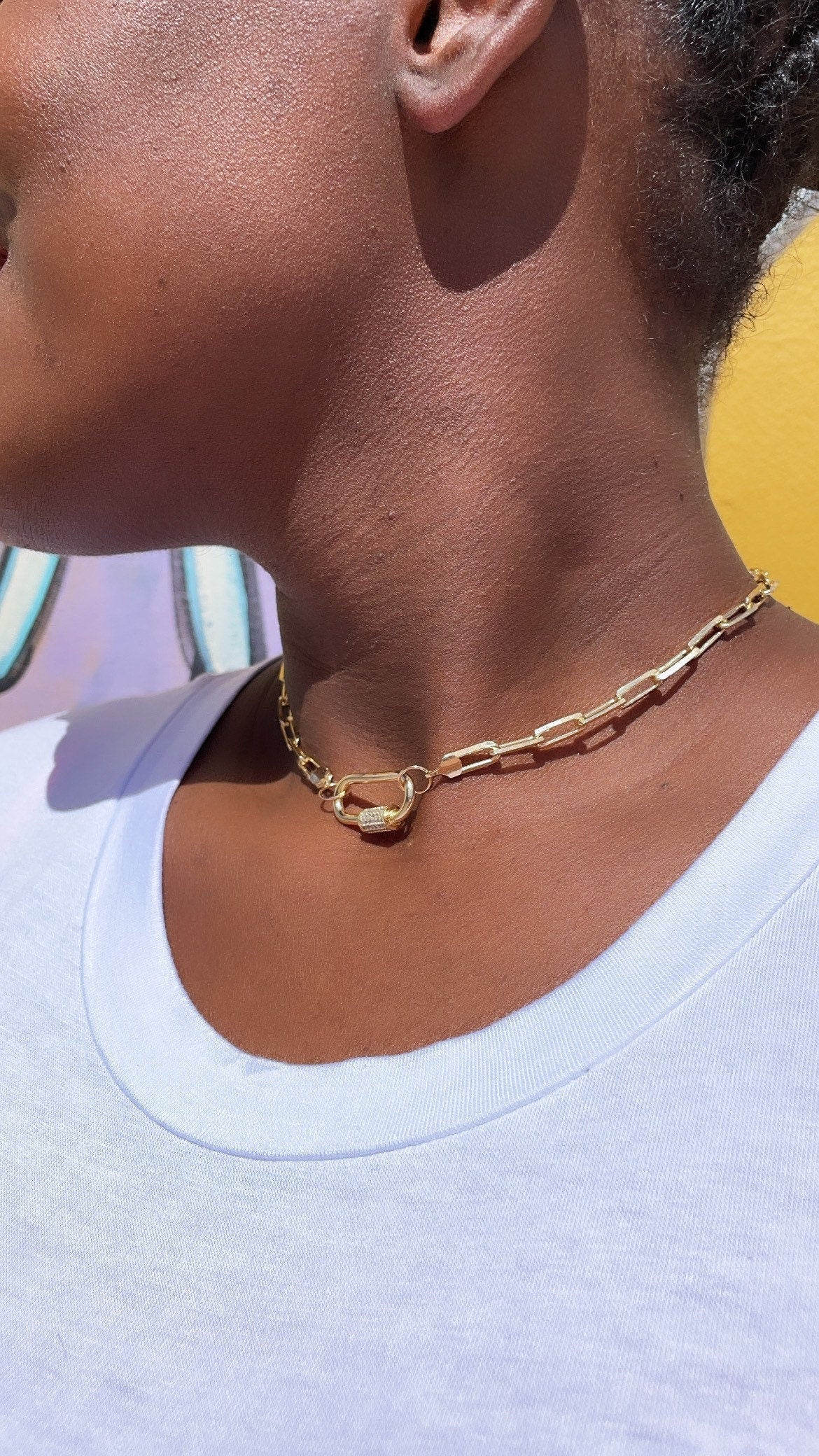 18k Gold Filled Paperclip Choker with Zirconia Carabiner Front Lock