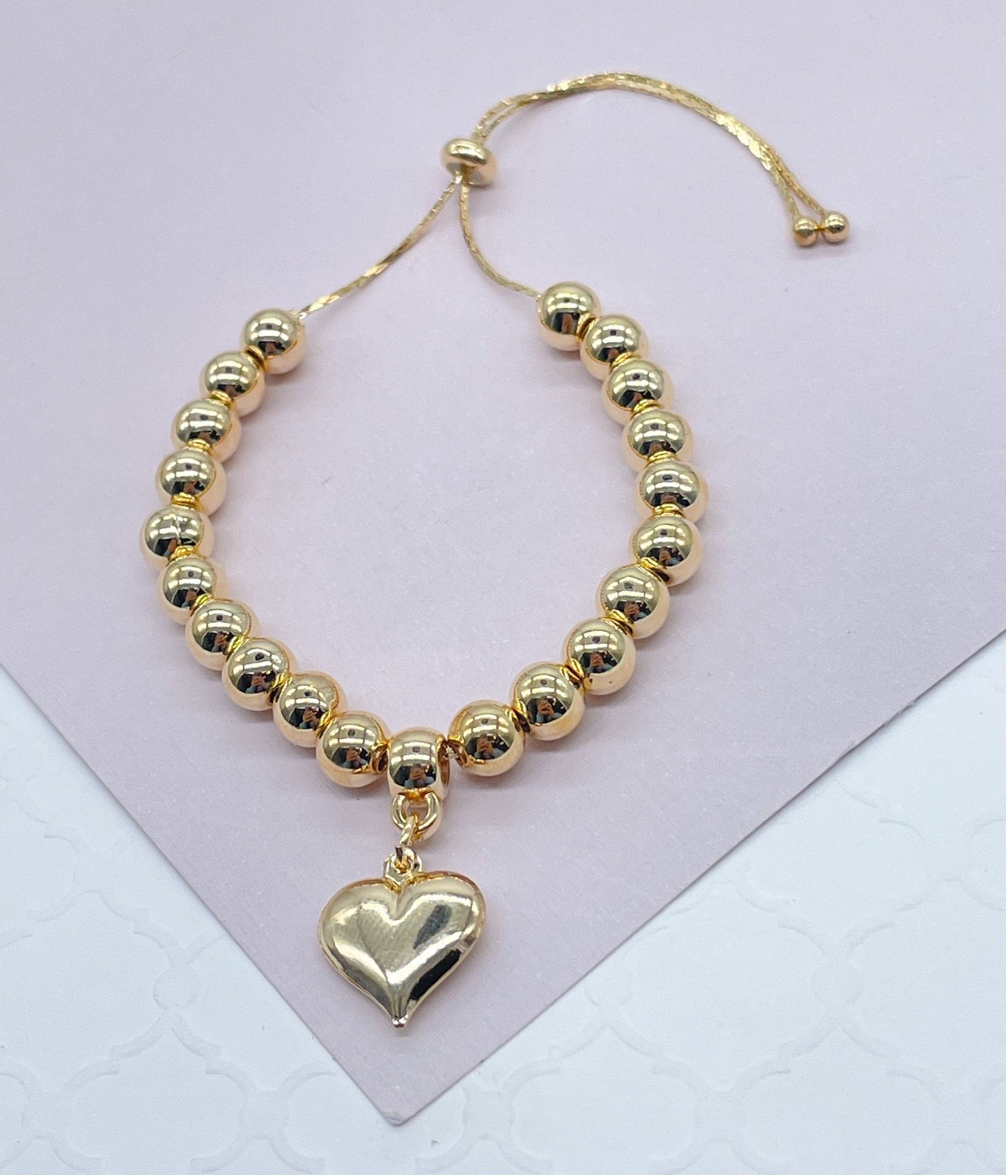 18k Gold Filled Adjustable Gold Beaded Bracelet Featuring Chunky Plain Gold