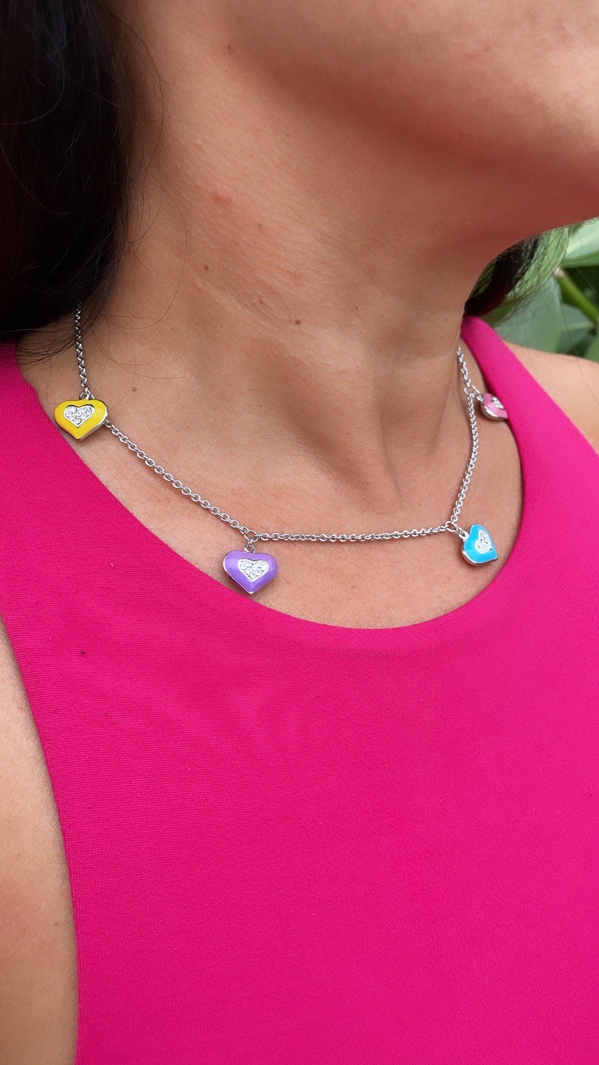 Silver Filled Necklace with Colorful Enamel Heart Charms