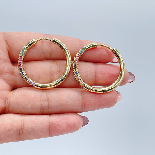 18k Gold Filled Hoop Earrings: Colorful Pave Cubic Zirconia, 1" Diameter
