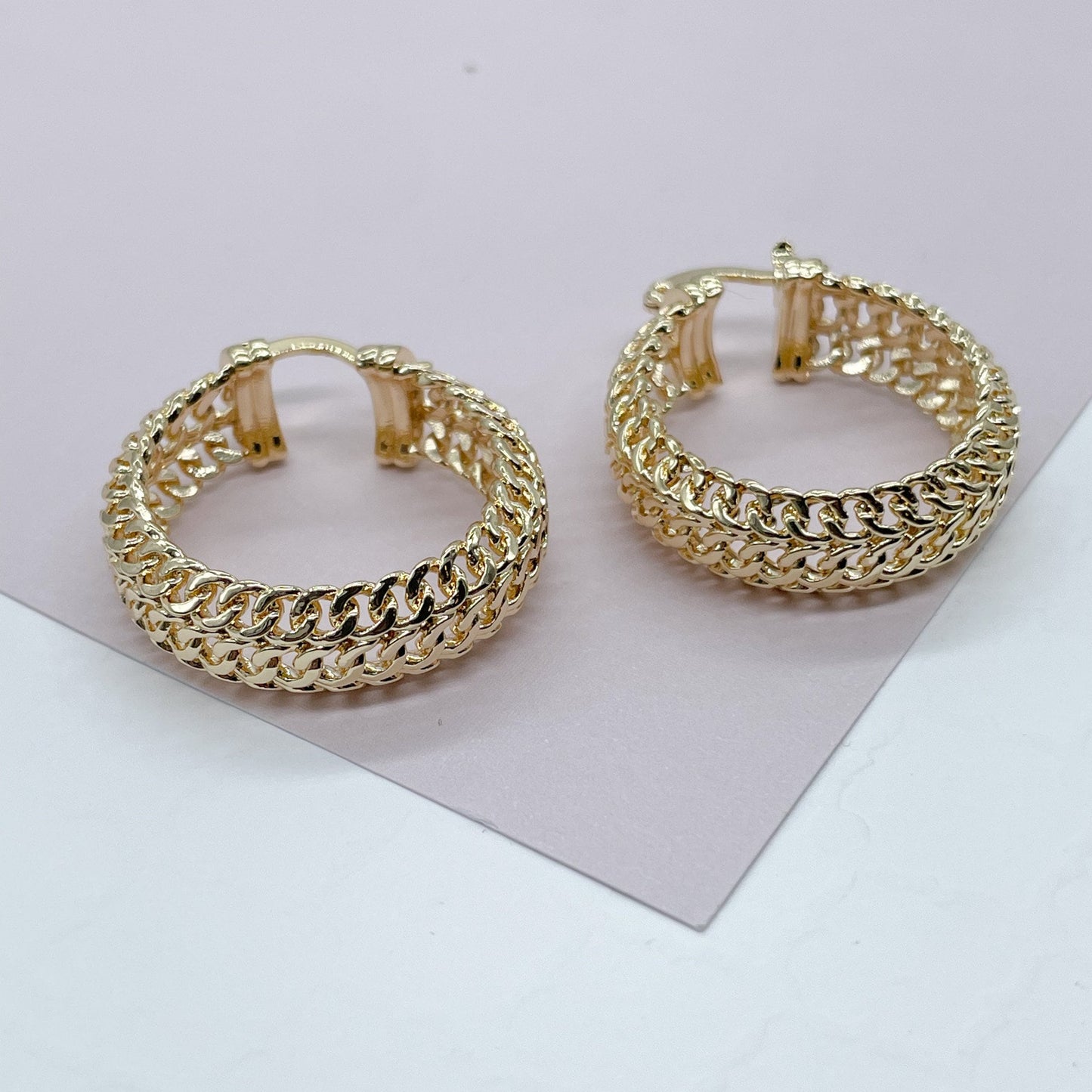 18K GoldFilled Three Row Cuban Link 1.5” Diameter Hoop Earrings Size 40mm