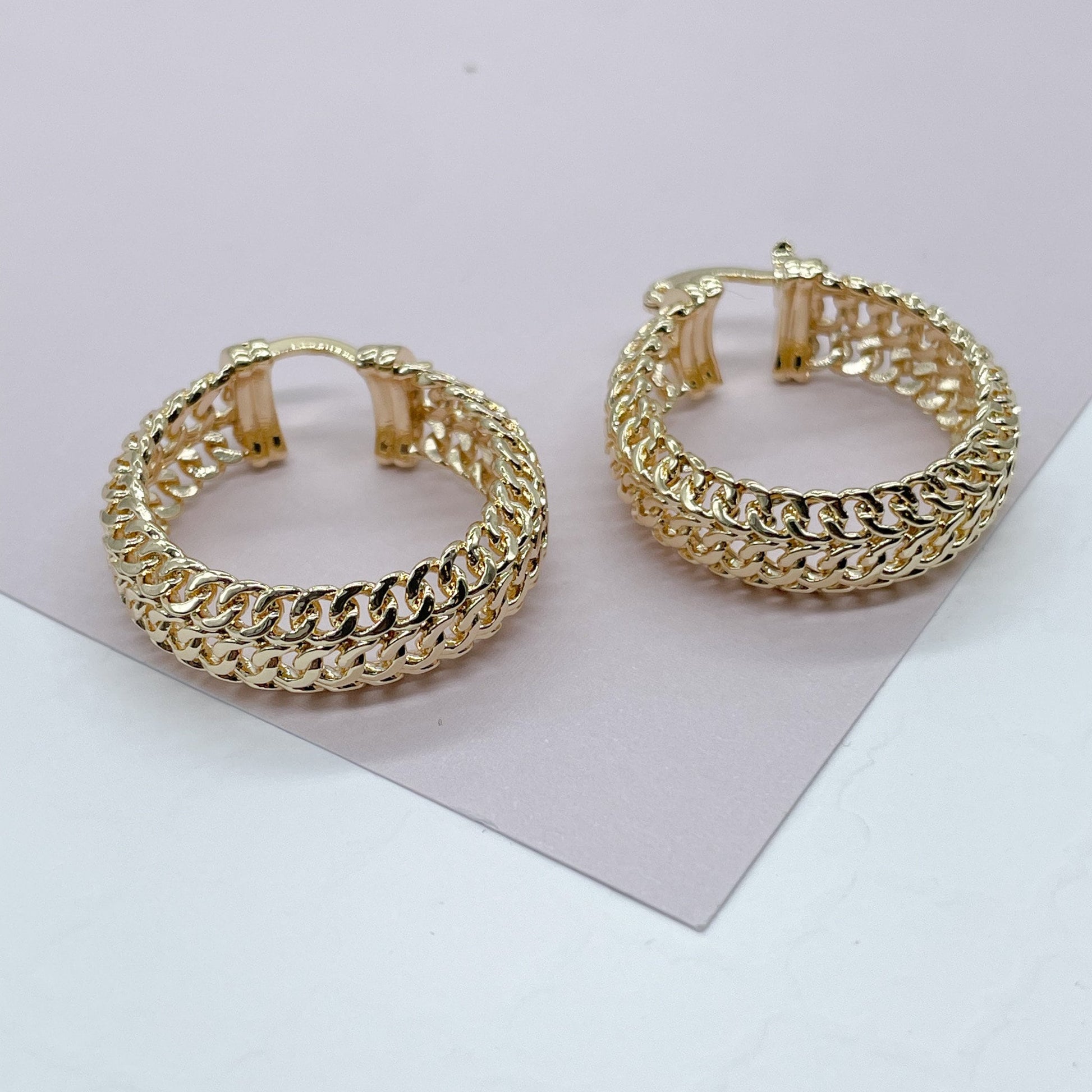18K GoldFilled Three Row Cuban Link 1.5” Diameter Hoop Earrings Size 40mm