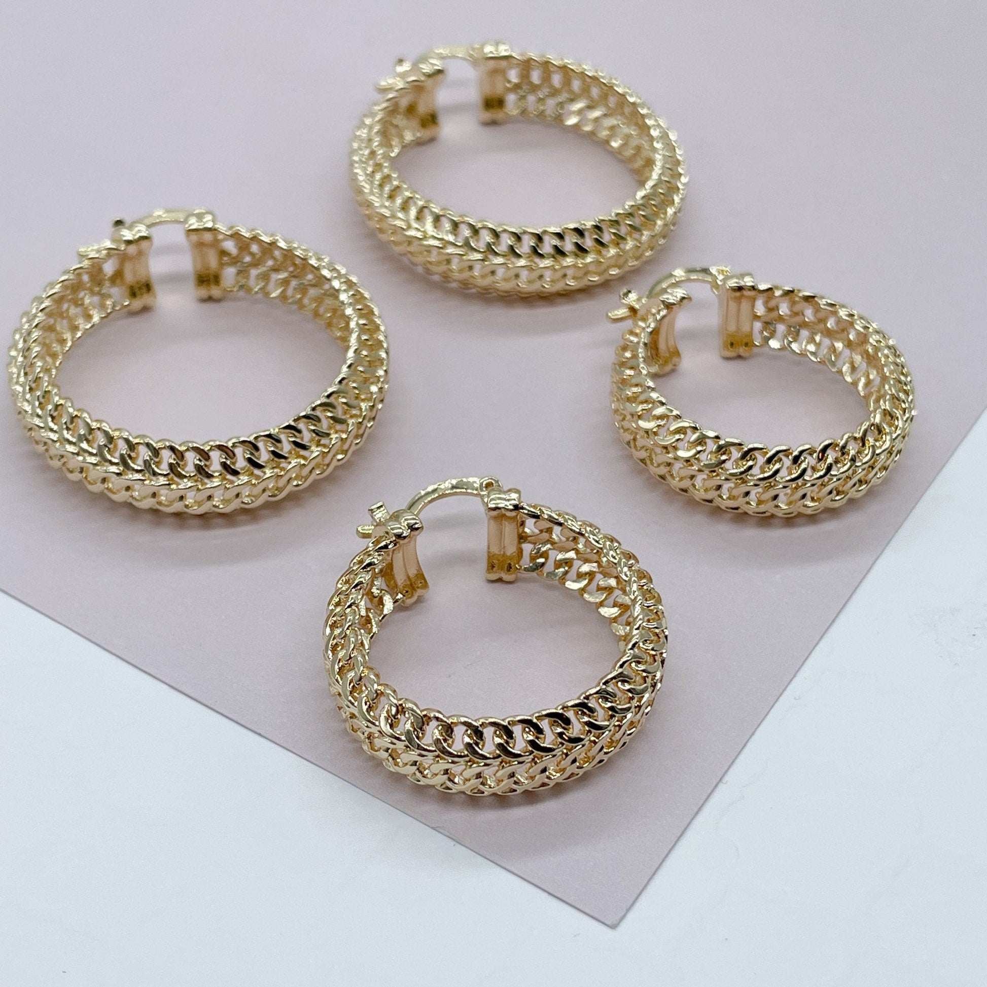 18K GoldFilled Three Row Cuban Link 1.5” Diameter Hoop Earrings Size 40mm