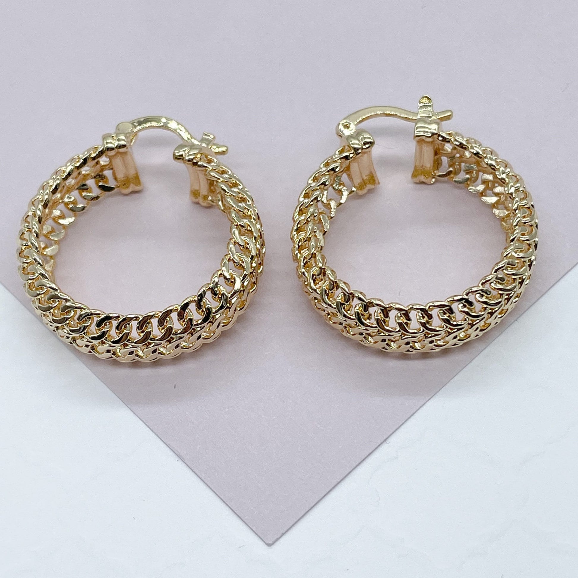 18K GoldFilled Three Row Cuban Link 1.5” Diameter Hoop Earrings Size 40mm