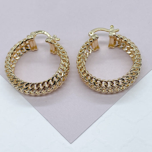 18K GoldFilled Three Row Cuban Link Hoop Earrings