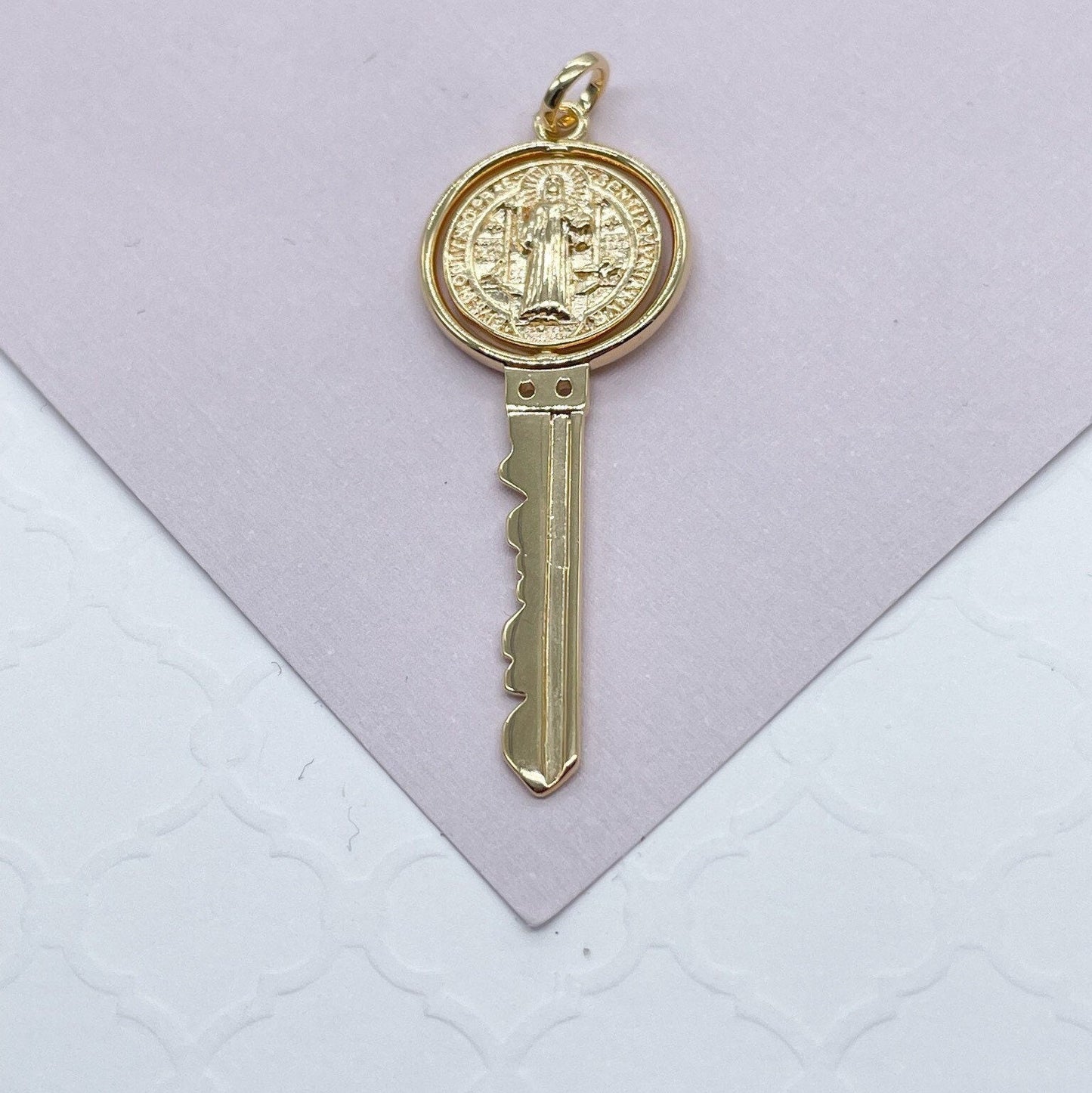 Swivel Double Sided 18k Gold Filled San Benito Engraved Key Pendant