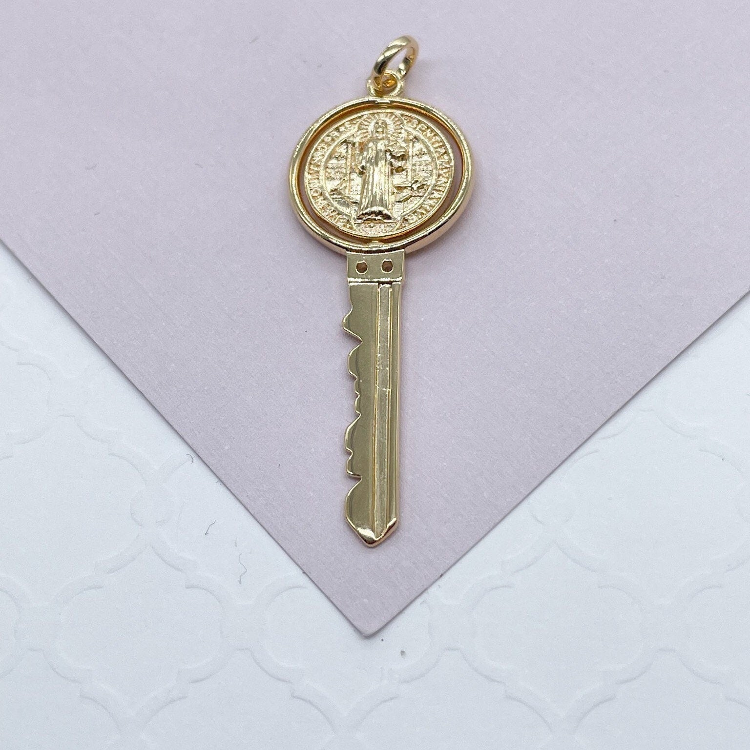 Swivel Double Sided 18k Gold Filled San Benito Engraved Key Pendant