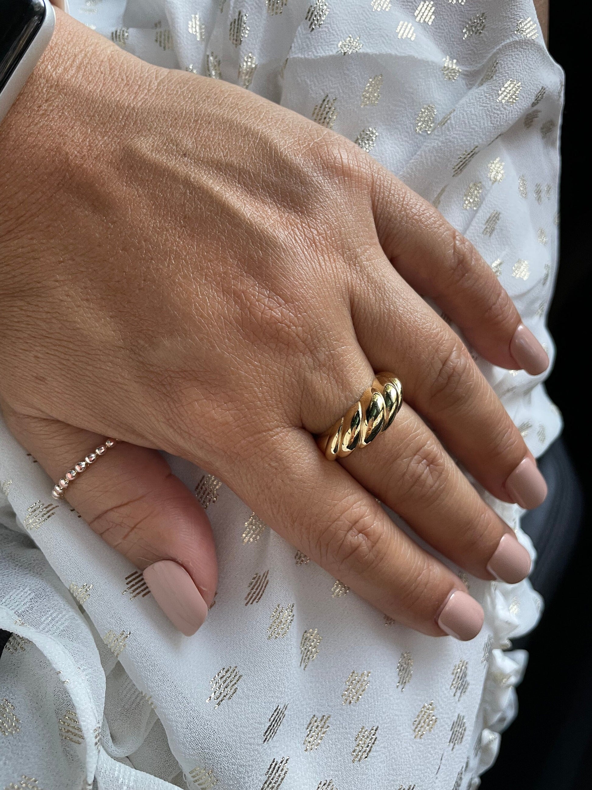 18k Gold Filled Dome Croissant Ring, Twisted Design for a Modern Look, Wholesale Jewelry Supplies