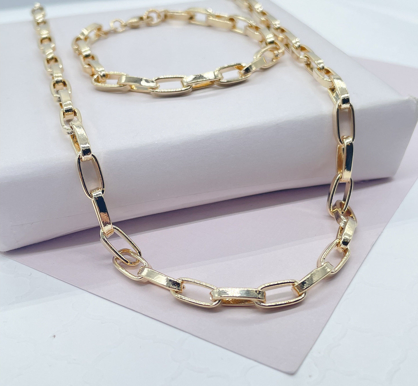 Thick 18k Gold Filled Paper Clip Set Featuring Bracelet And Necklace