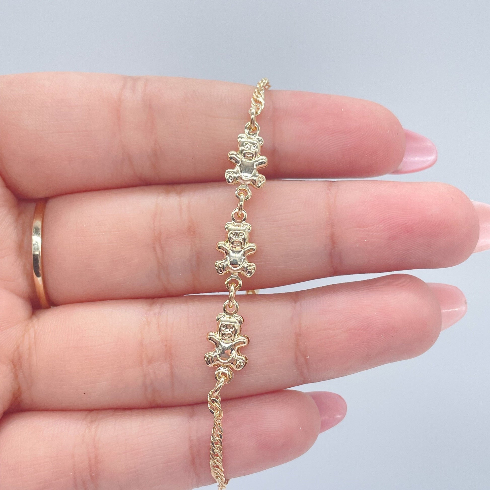 18k Gold Filled Teddy Bear Engraved Link Kids Bracelet