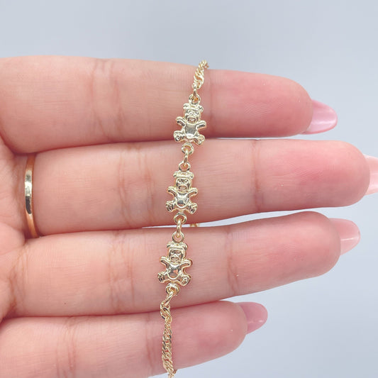 18k Gold Filled Teddy Bear Engraved Link Kids Bracelet