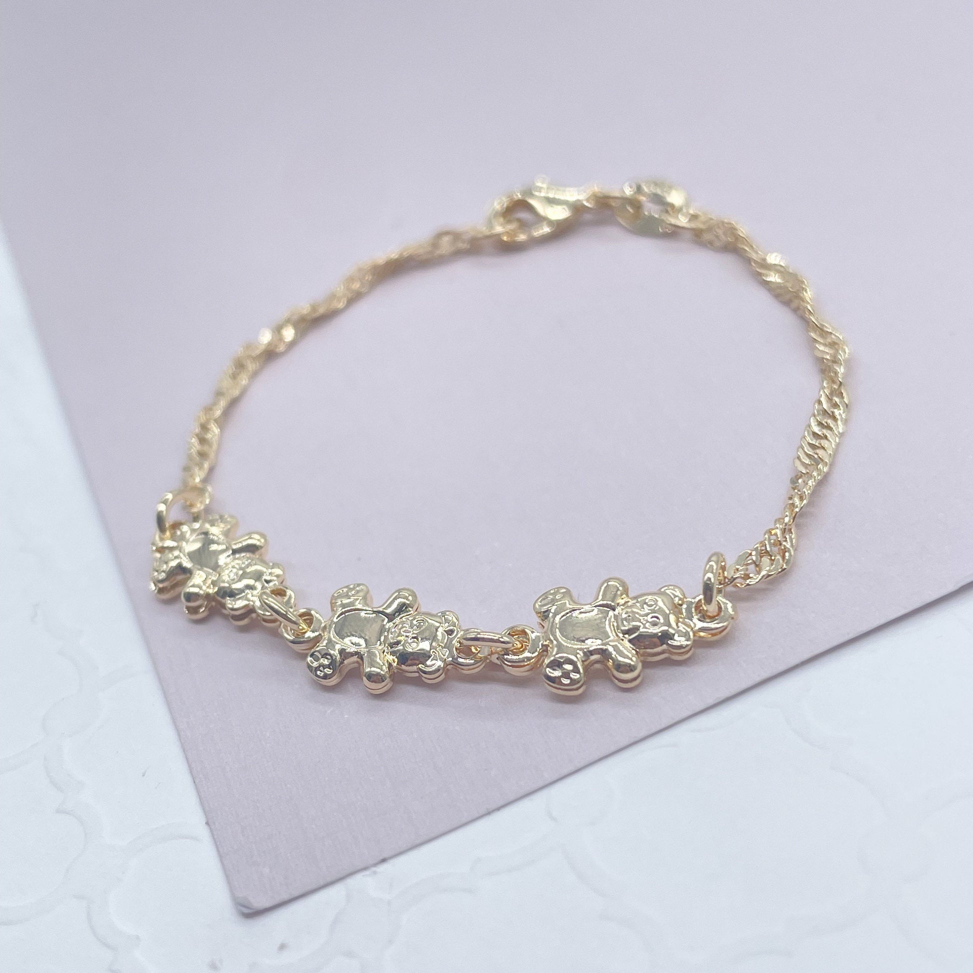 18k Gold Filled Teddy Bear Engraved Link Kids Bracelet