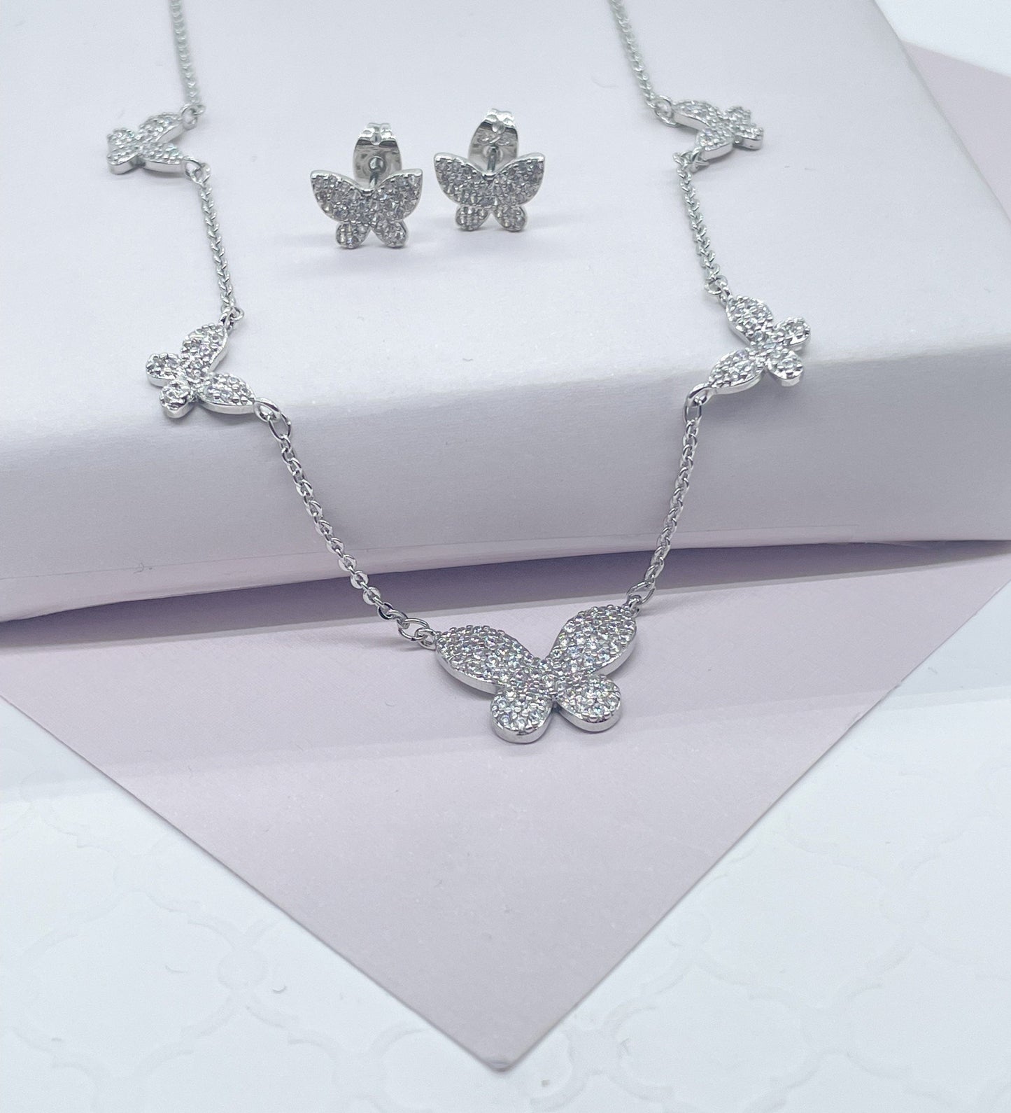 18k Gold Filled Micro Pave Butterfly Set With Earrings & Necklace
